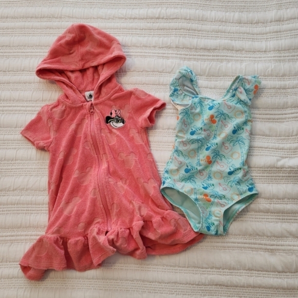 Disney World Parks Kids Swim One Piece 3t Minnie Swimsuit And 4t Coverup Set